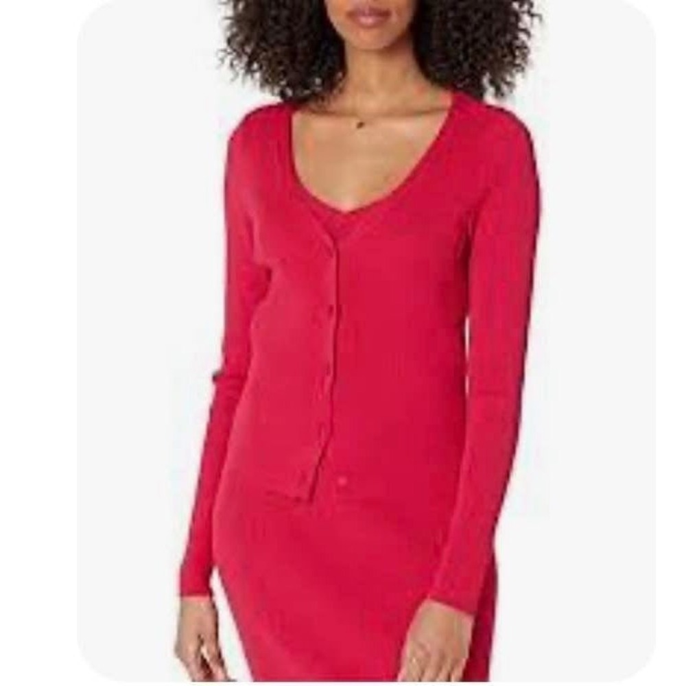 The Drop Anya Long-Sleeve Ribbed Cardigan Red Small V-Neck Button‎ Front